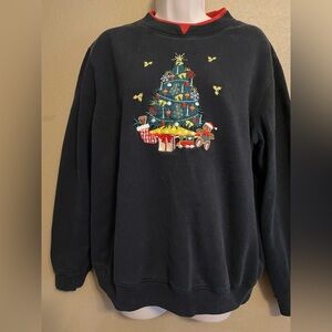 VTG Baxter & Wells Women Size Large Christmas Tree Embroidered Black Sweatshirt